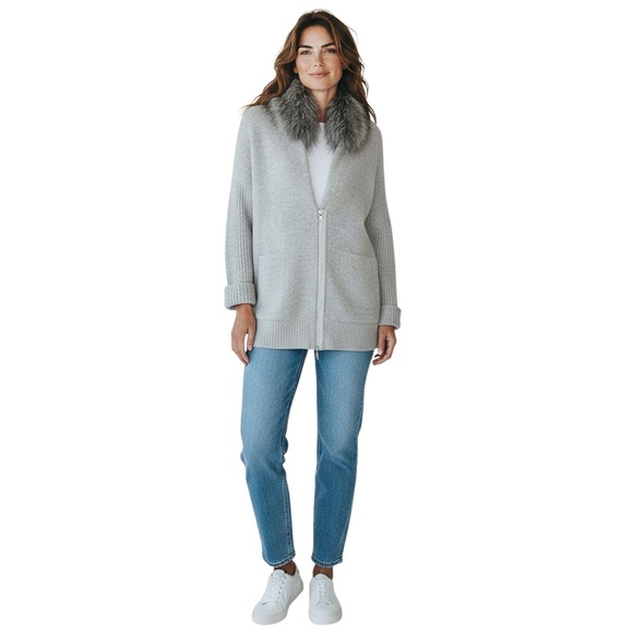 PESERICO GREY FUR TRIMMED KNIT CARDIGAN SWEATER - Picture 6 of 6